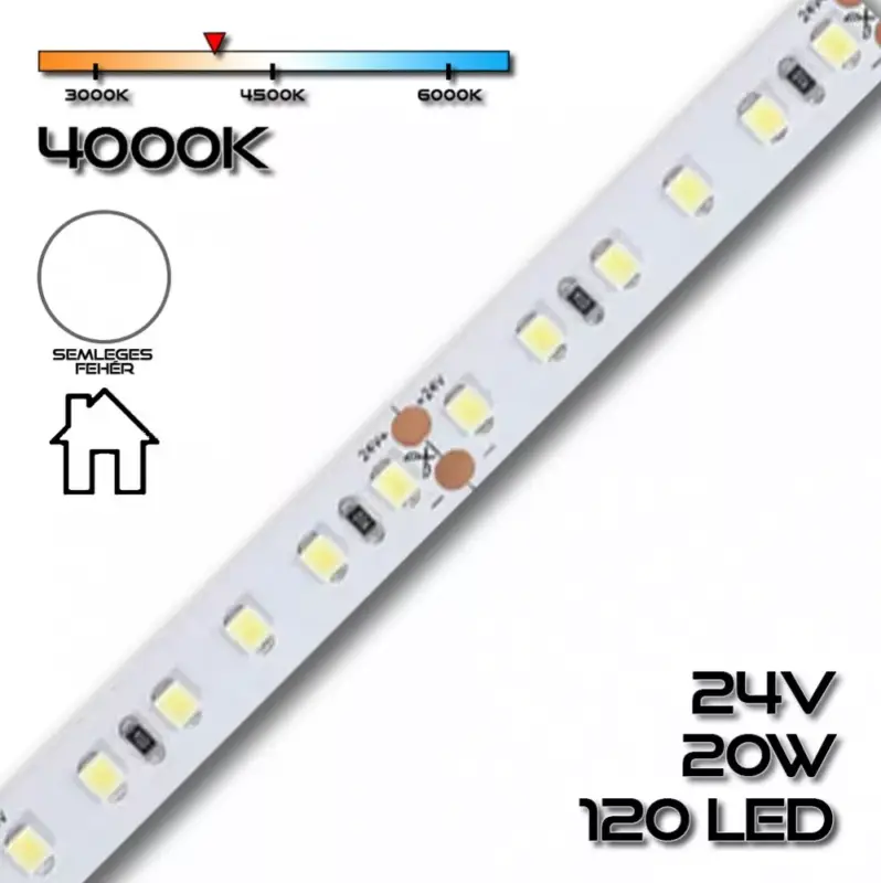 Vásárlói kedvenc LEDSZALAG 2835WN 120led/m IP20 4000K 2500lm 20W/m 24V természetes fehér 72720