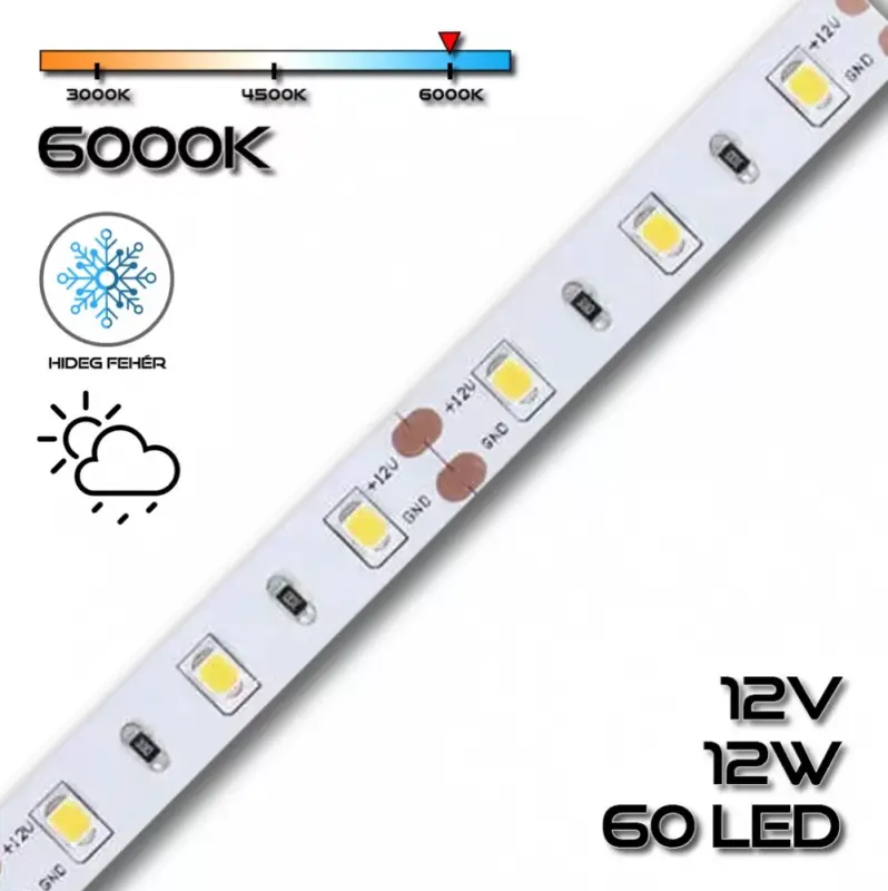Árengedmény LEDSZALAG 2835WN 60led/m IP65 6000K 1260lm 12W/m hideg fehér 70612 szilikon