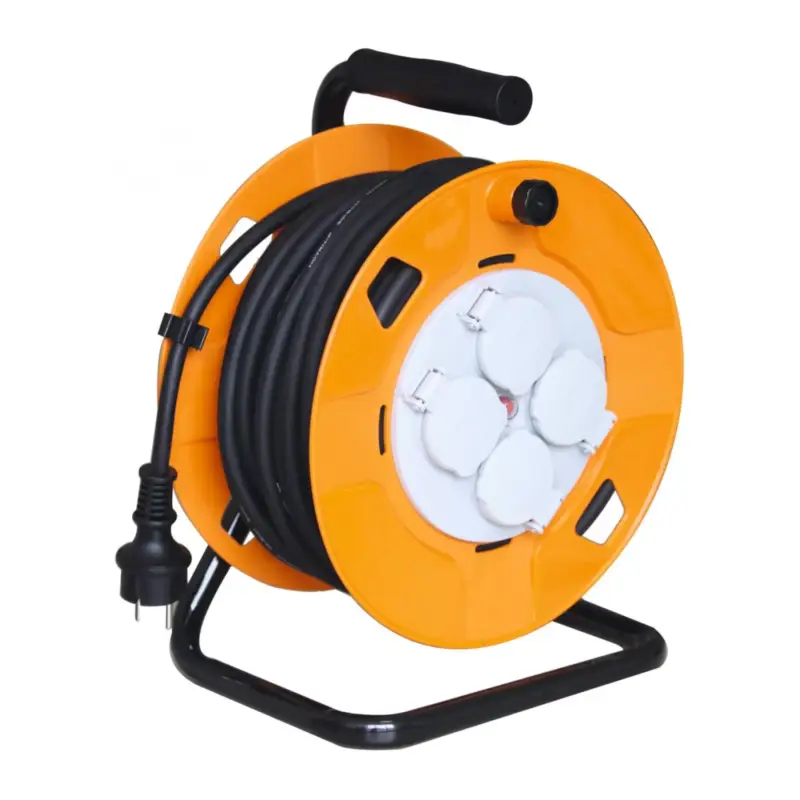 Újdonság Home HJR 10-25/2,5 kábeldob, 25 m, fém talp, IP44, H05RR-F 3G 2,5 mm2 gumi kábel, max. 3600 W, 4 aljzat takarófedéllel, védőkapcsoló