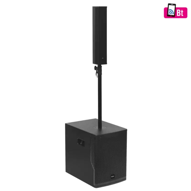 SAL PAS10W43S professzionális oszlopsugárzó hangrendszer, 25cm mélysugárzó, 4x3” szélessávú satellit hangszóró, aktív zenekari hangdoboz, Bluetooth, fém állvány Olcsó