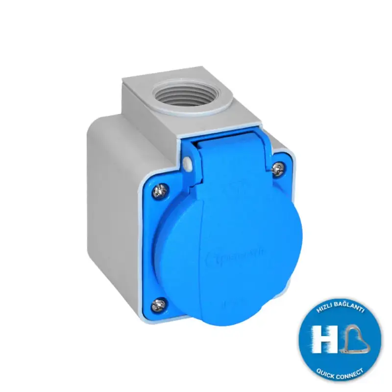 TP Electric Felületre építhető műanyag dugalj csapfedeles kék 16A gyors bekötéssel (IP54) 3101-420-0900 Szuper akció