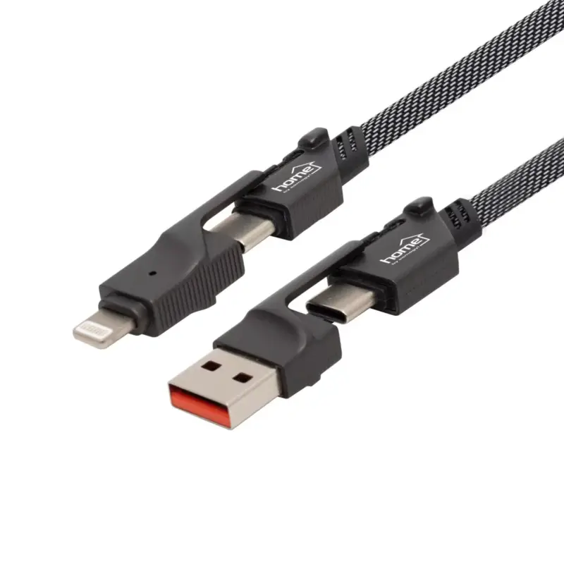 Home USB4X1 töltőkábel, 4in1, USB C-C / A-C / C-LIGHTNING / A-LIGTNING, 1.1 méter, 66W gyorstöltés, szőtt nylon burkolat, lapos, gabalyodásmentes kábel Vedd meg online