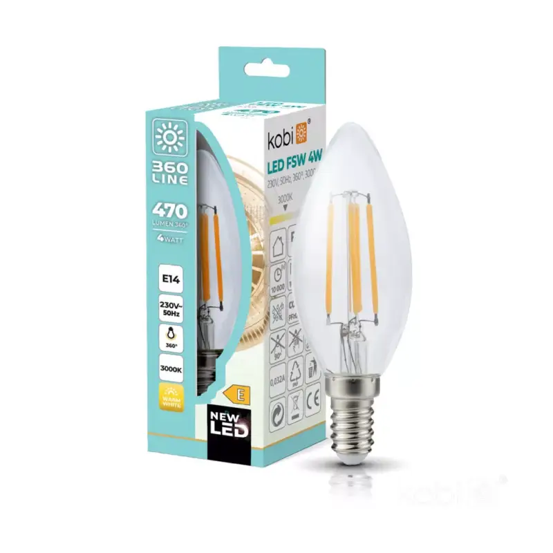 Szuper ajánlat E14 LED-fényforrás, 4 W, filament, Meleg fehér WW 3000K 470lm, KOBI-001149 KOBI