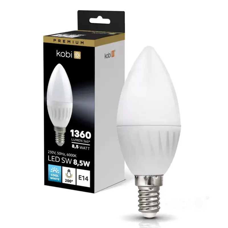 Újdonság E14 LED-fényforrás, 8.5 W, Hideg fehér, Prémium CW 6000K 1360lm, KOBI-004460 KOBI