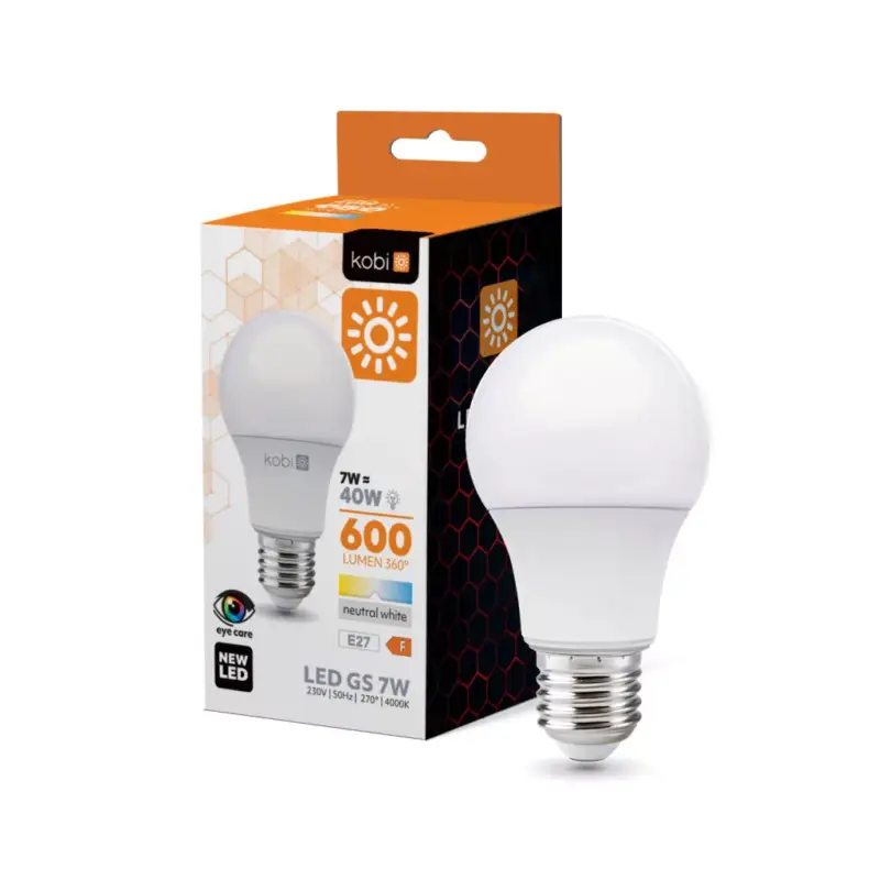E27 LED-fényforrás, 7 W, Természetes fehér NW 4000K 600lm, KOBI-001191 KOBI Vásárlói kedvenc