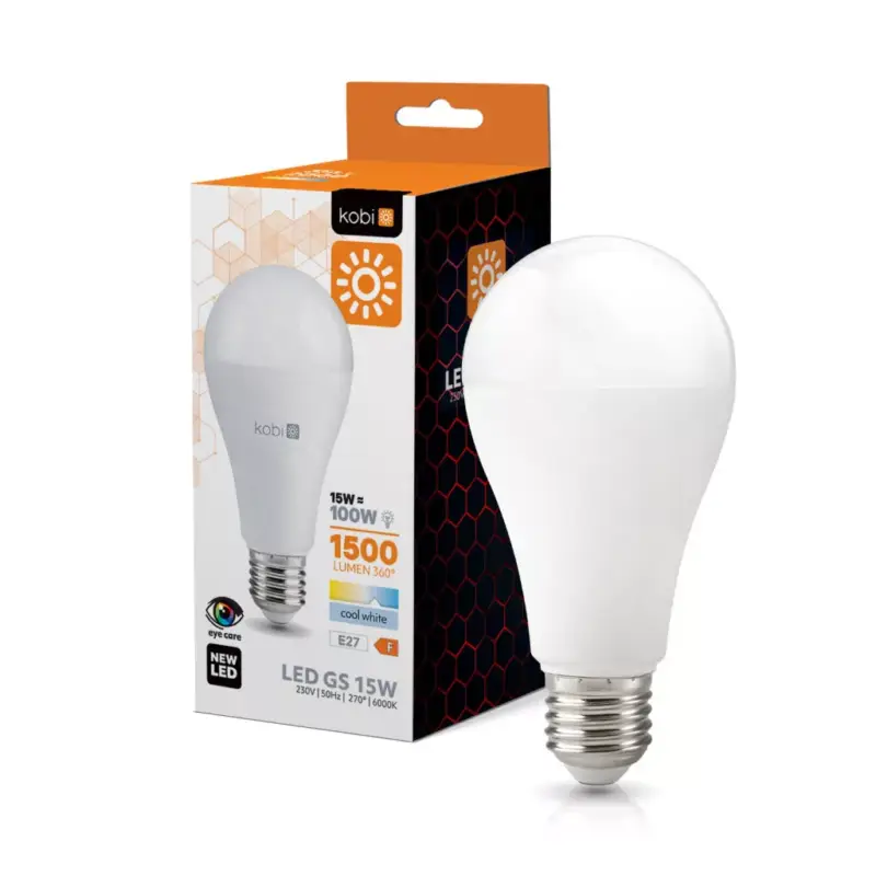 E27 LED-fényforrás, 15 W, Hideg fehér CW 6000K 1500lm, KOBI-001186 KOBI Újdonság