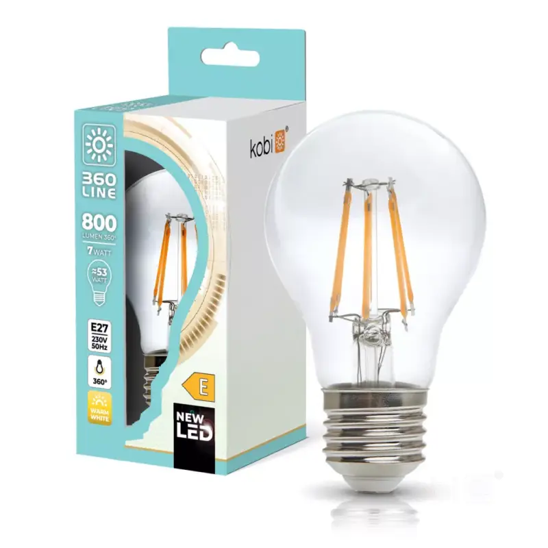 E27 LED-fényforrás, 7 W, filament, Meleg fehér WW 3000K 806lm, KOBI-001138 KOBI Szuper akció