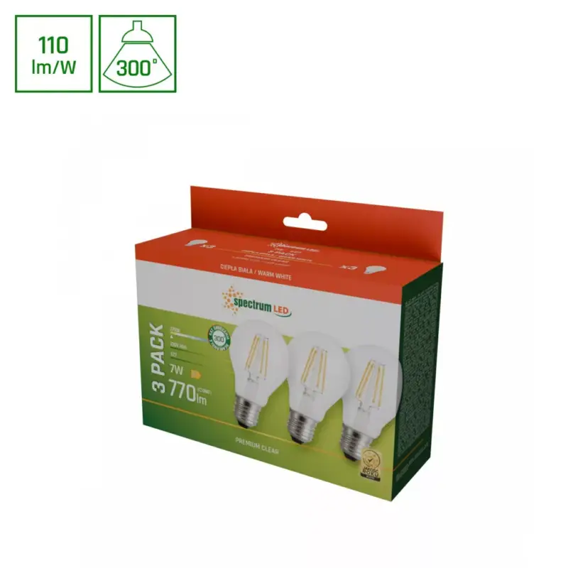 Különleges ajánlat E27 LED-fényforrás, 7 W, filament, Meleg fehér WW 2700K 770lm, WOJ14599_3PACK SpectrumLED
