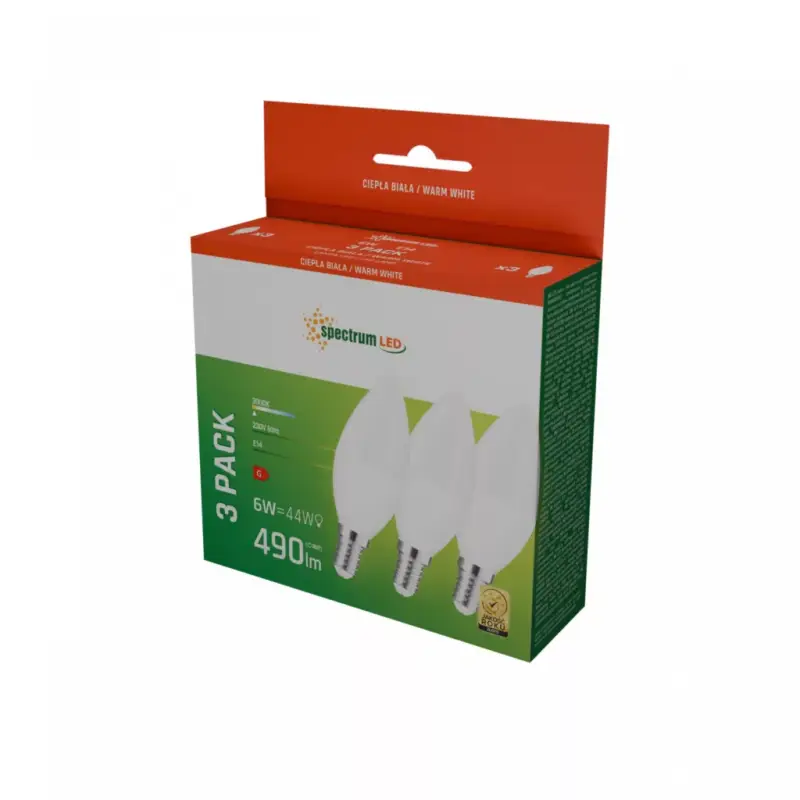 Olcsó E14 LED-fényforrás, 6 W, Meleg fehér, WW K lm, WOJ13026_3PACK SpectrumLED